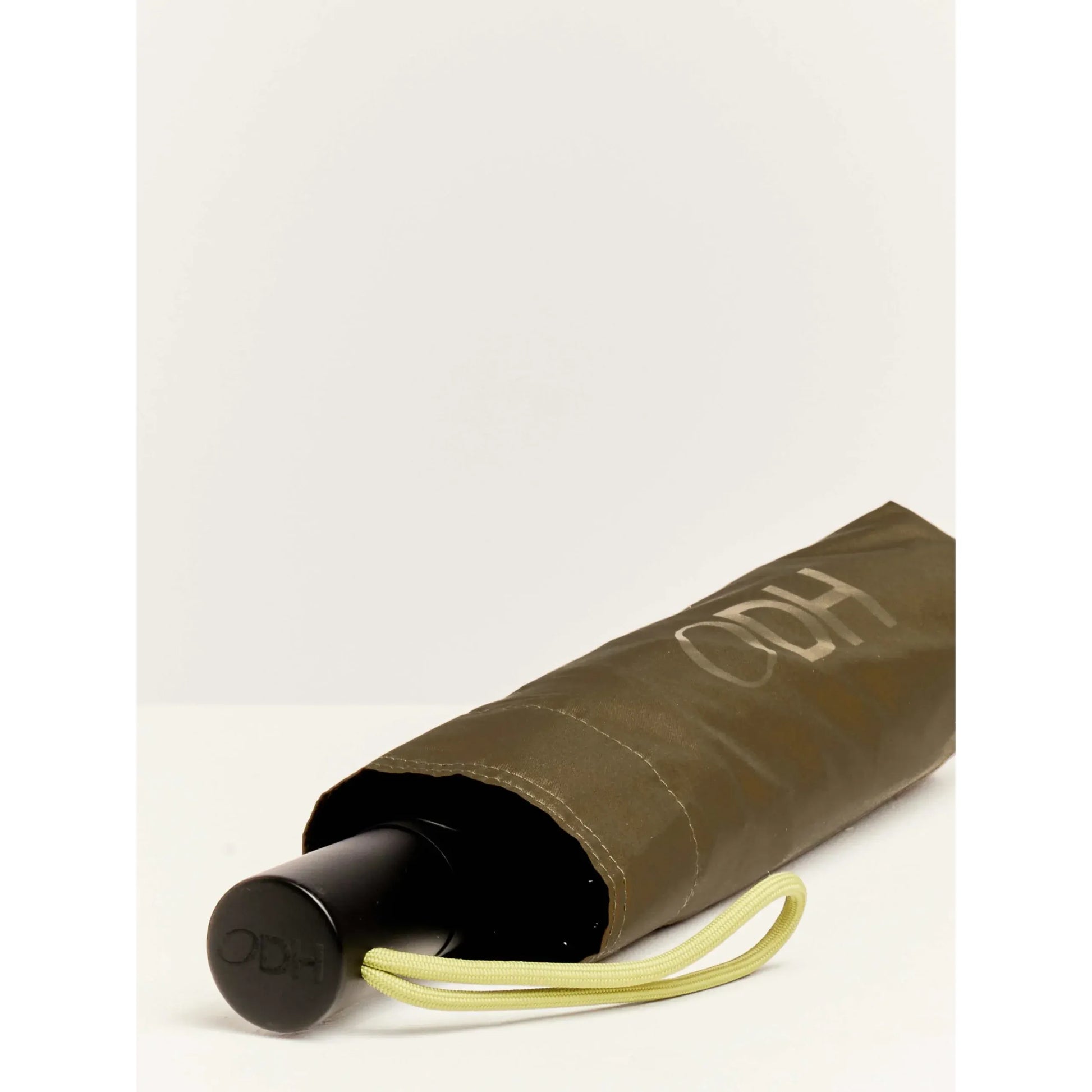 LOQI parasolka automatyczna ciemna oliwkowa w pokrowcu z żółtą smyczą