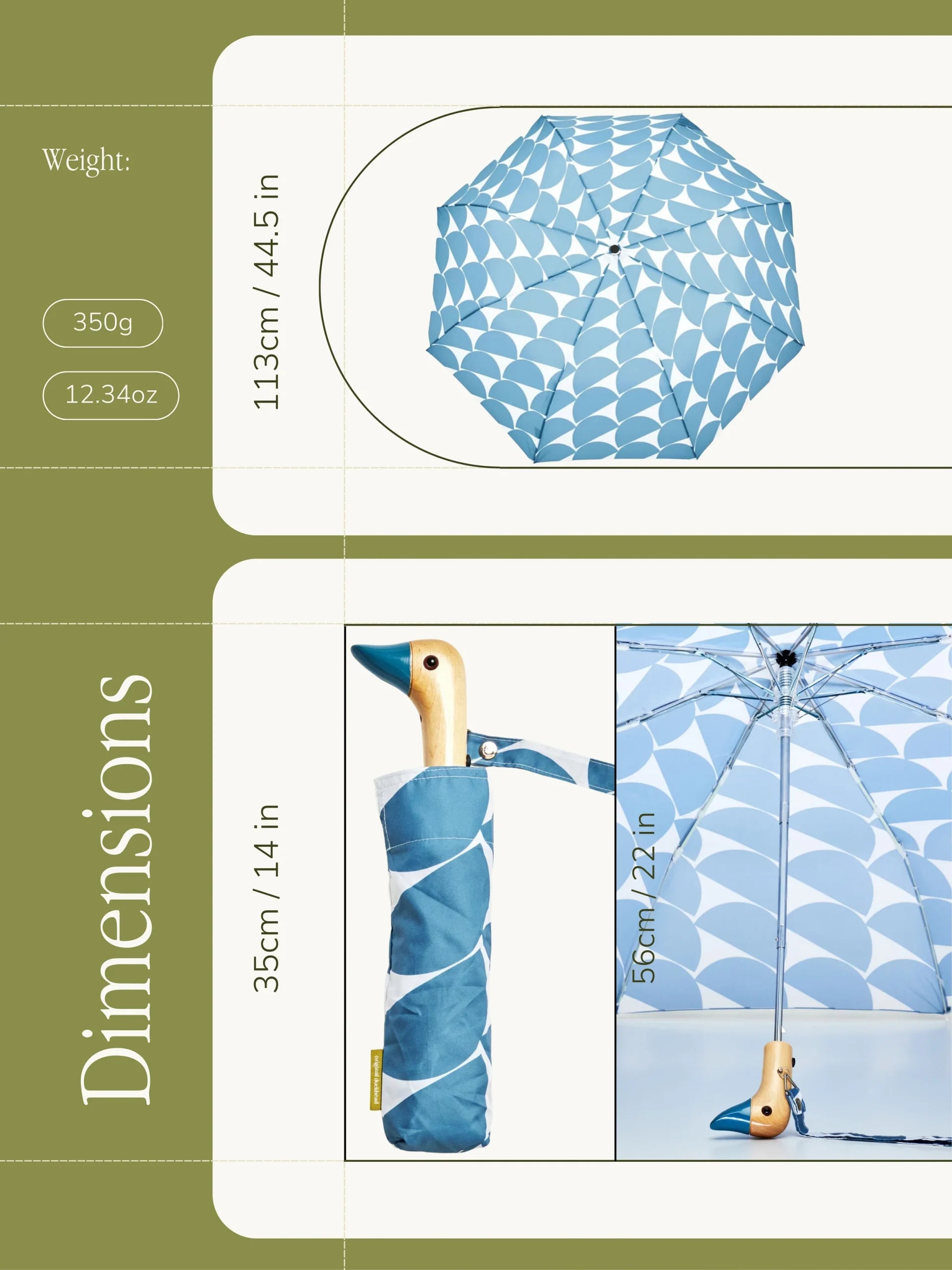 Parasolka z drewnianą rączką w kształcie kaczki z niebieskim geometrycznym wzorem i pokrowcem