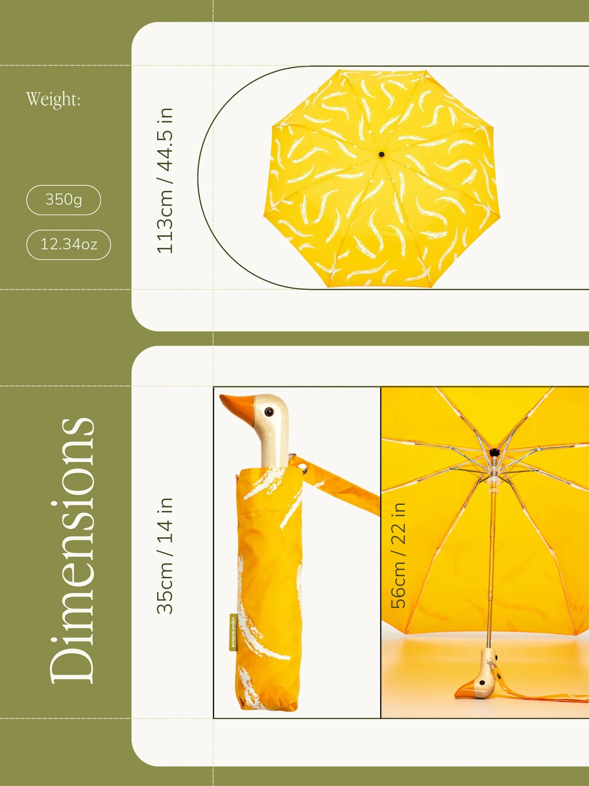 Żółta parasolka z rączką w kształcie kaczki marki WABOBA AB z wymiarami i wagą