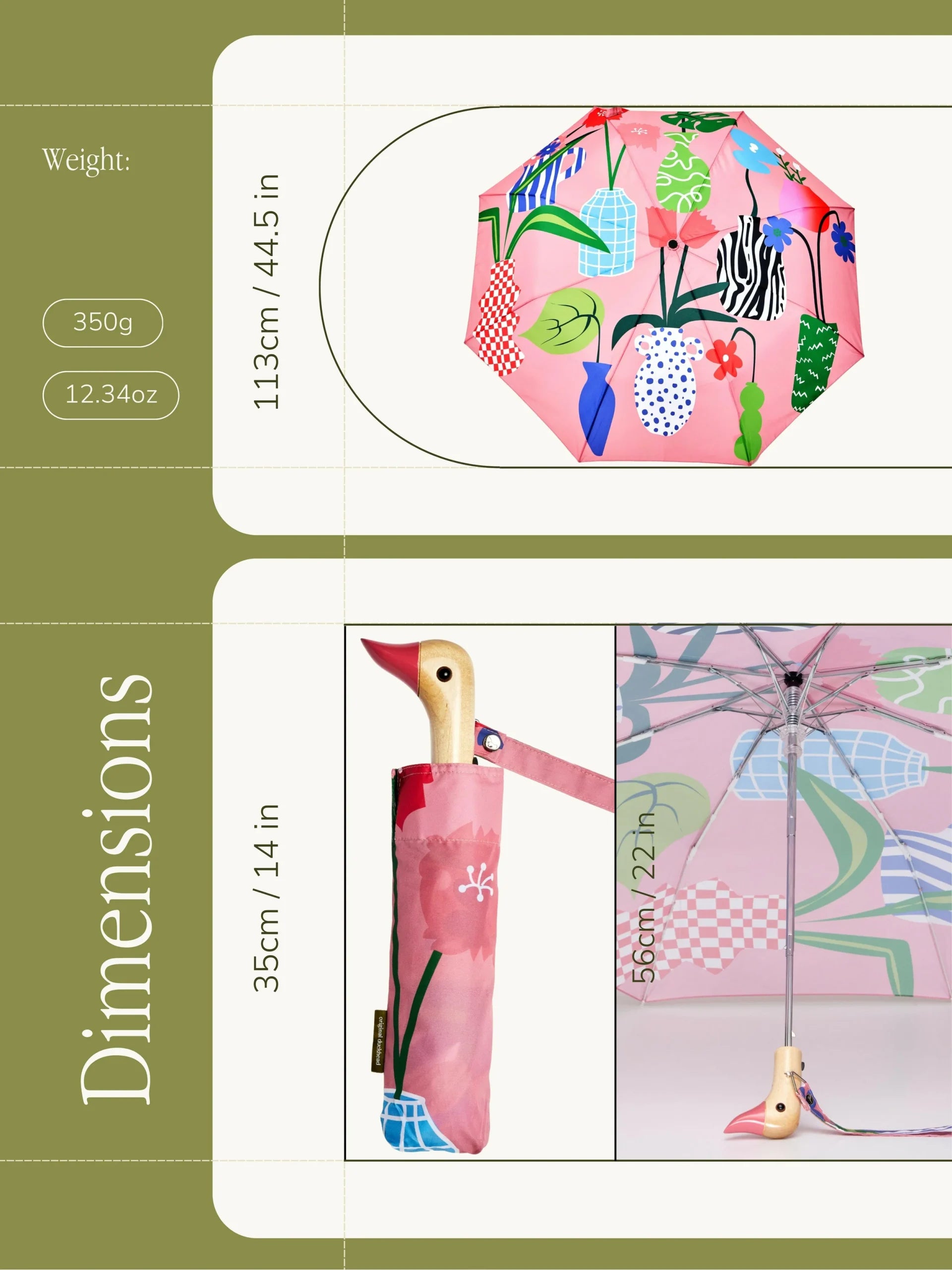 Kolorowa parasolka z uchwytem w kształcie kaczki i roślinnym wzorem firmy WABOBA AB