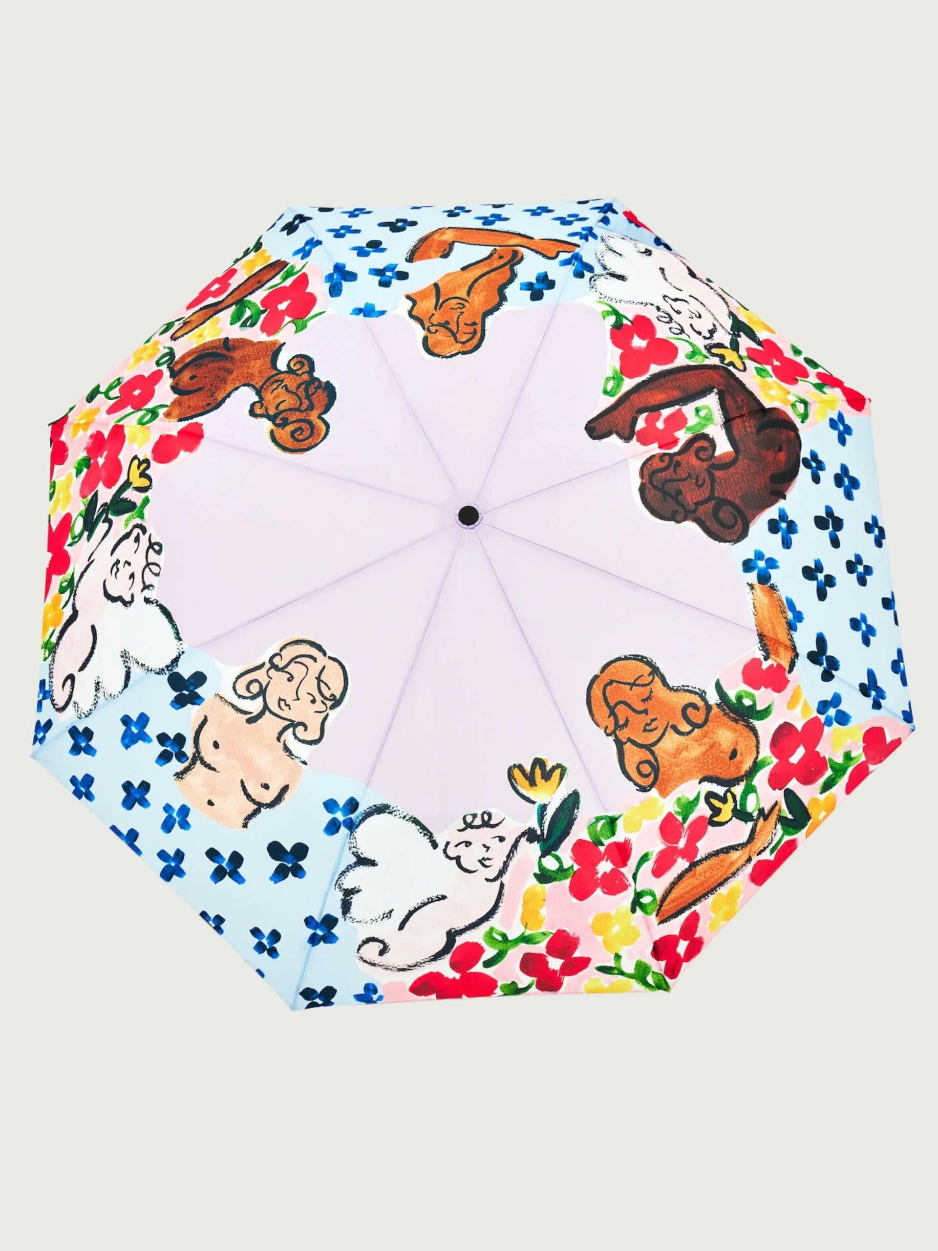 Parasolka z rączką w kształcie kaczki z kolorowym wzorem kwiatów i zwierząt na białym tle