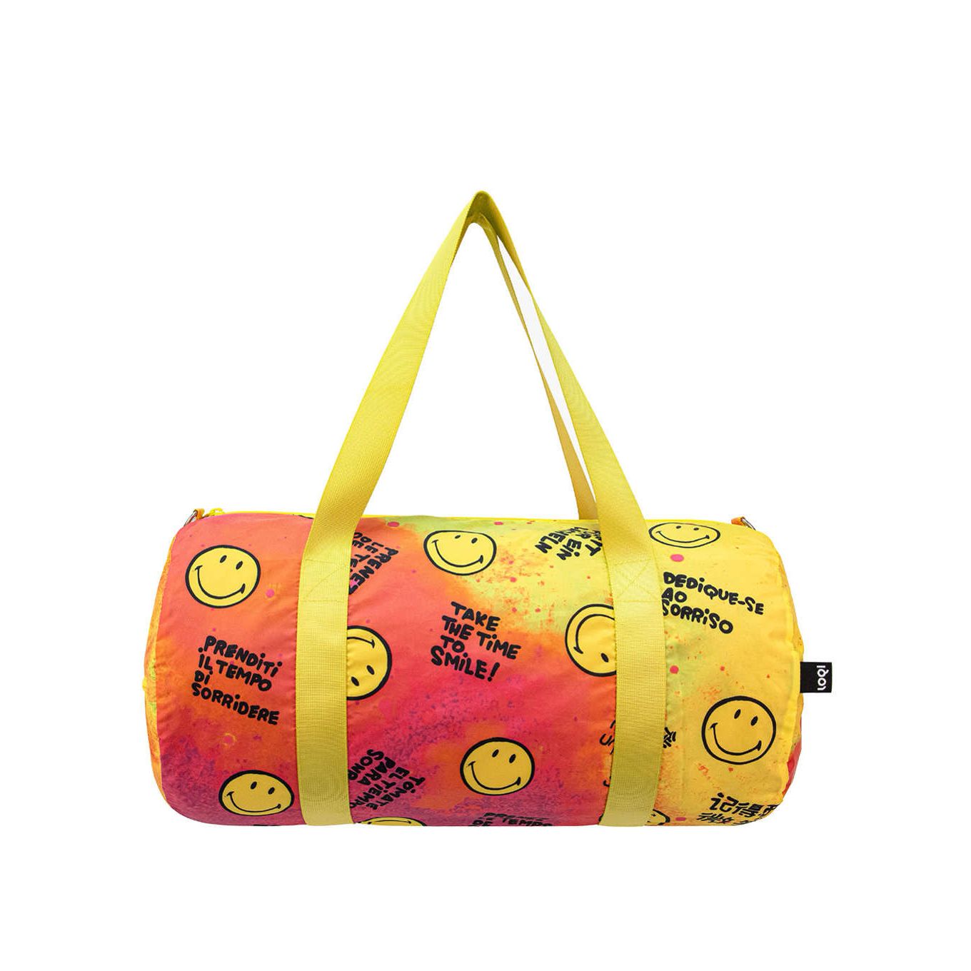 Kolorowa torba weekendowa SMILEY z żółtymi paskami i nadrukiem uśmiechniętych buziek
