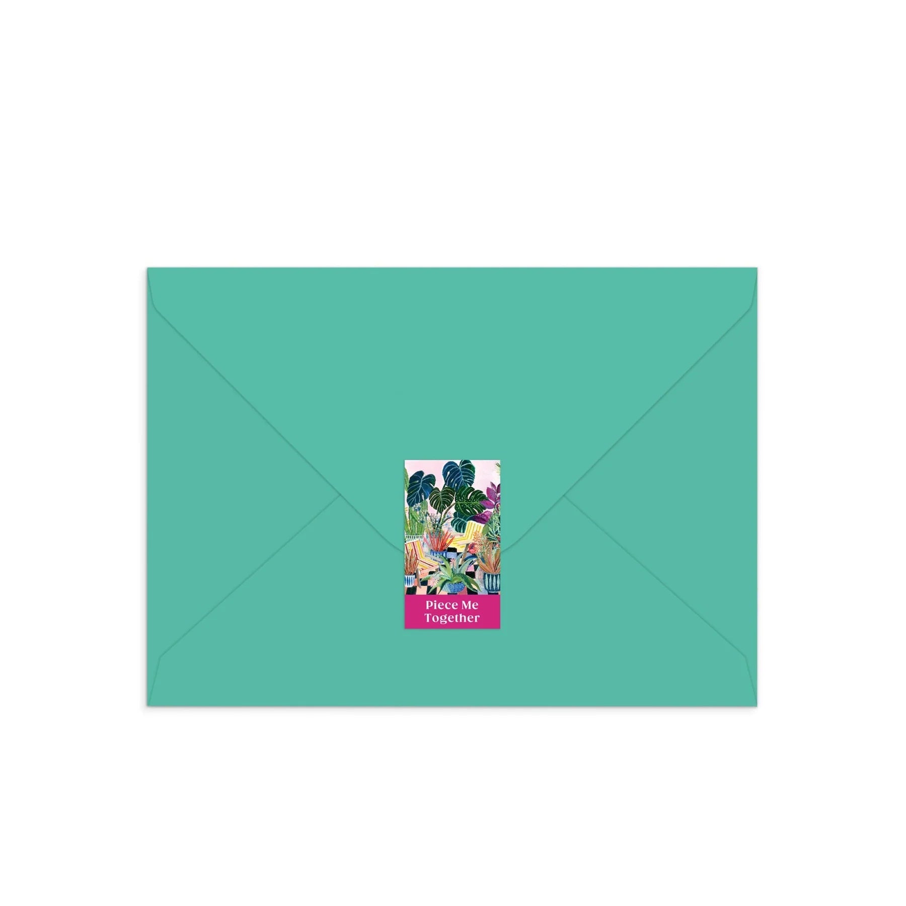 Turkusowa koperta z naklejką przedstawiającą puzzle z roślinami doniczkowymi od Galison