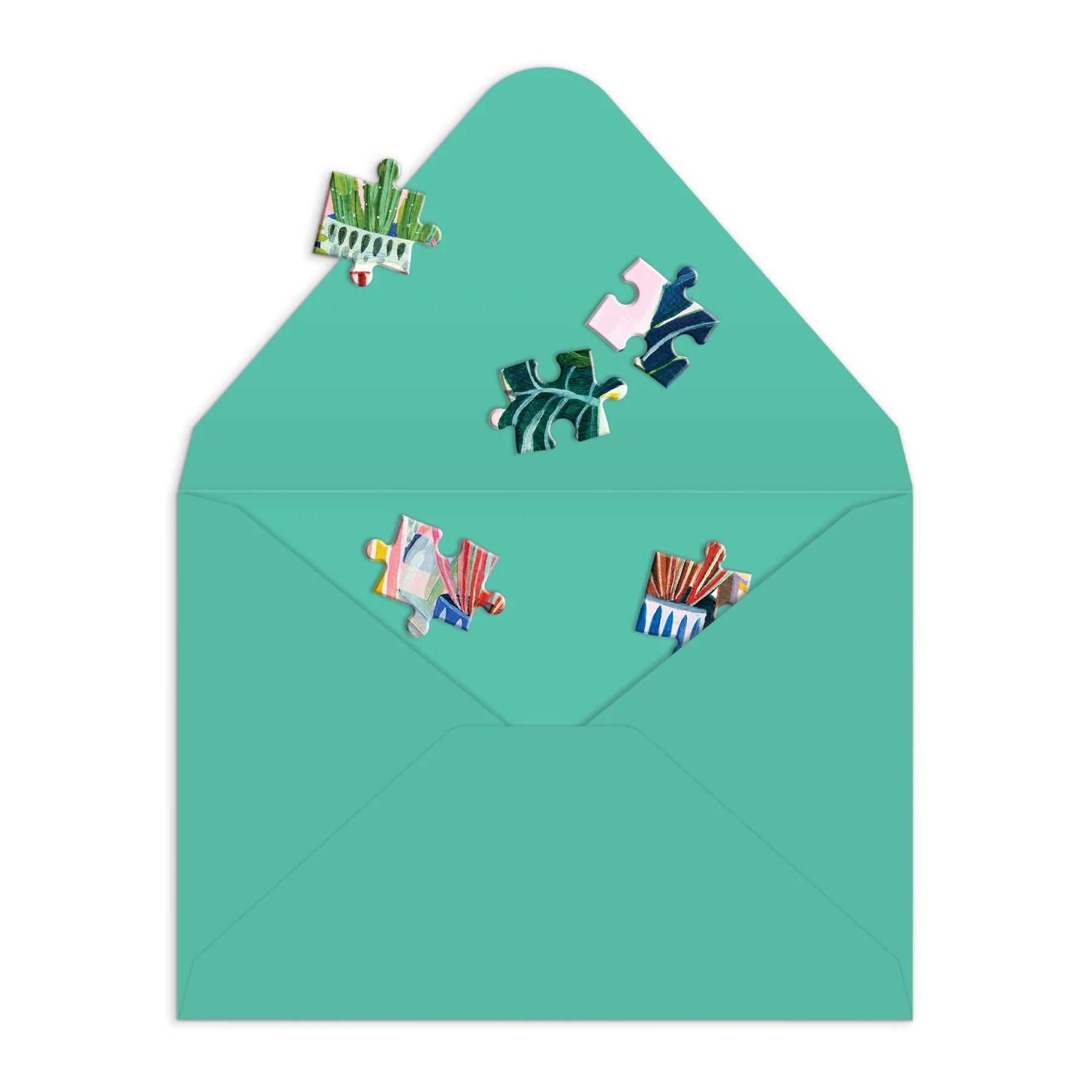 Puzzle z roślinami doniczkowymi marki Galison w zielonej kopercie z kolorowymi fragmentami układanki