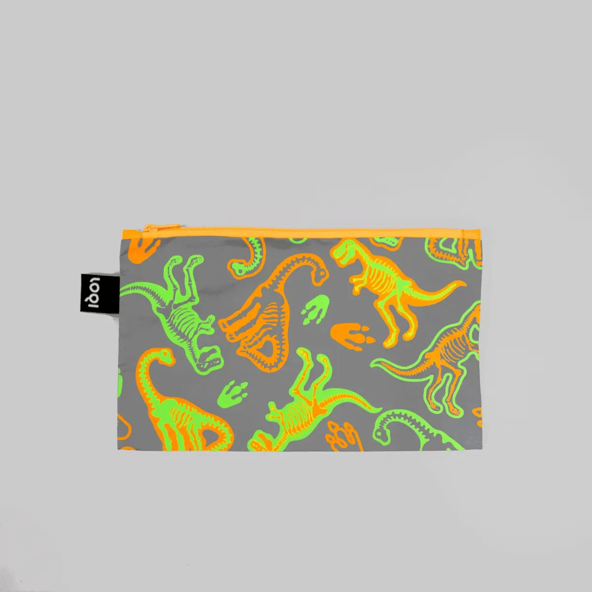 LOQI saszetka dinozaur odblaskowa z kolorowymi wzorami dinozaurów na szarym tle