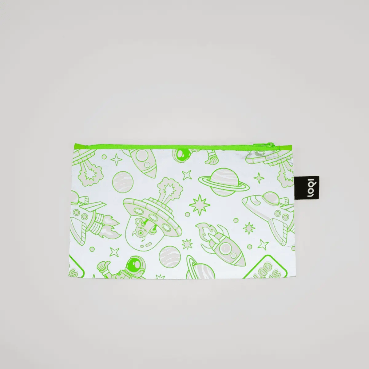 LOQI saszetka odblaskowa dla dzieci w biało-zielone wzory kosmiczne z napisem LOQI