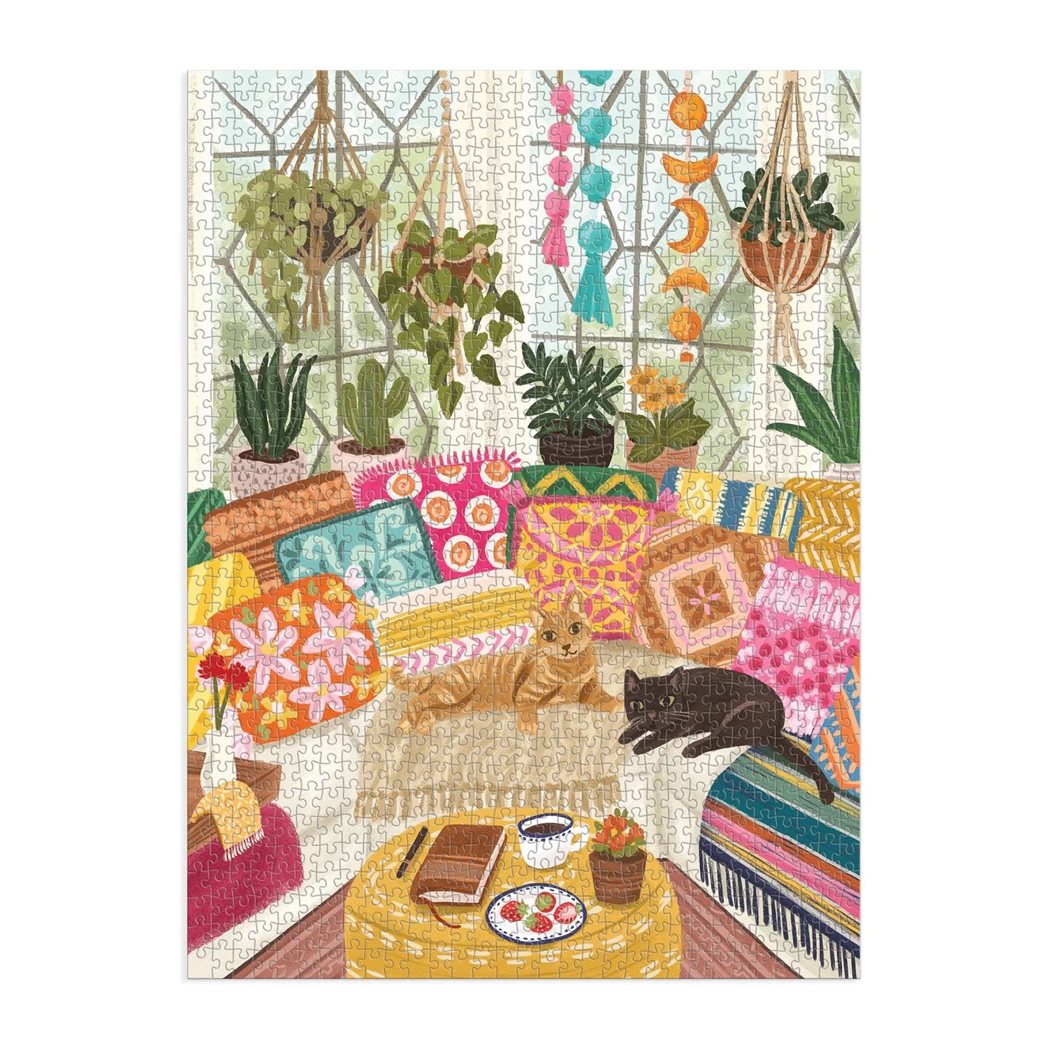 Puzzle 1000 elementów koty z kolorowymi poduszkami i roślinami, dwa koty odpoczywają na kanapie