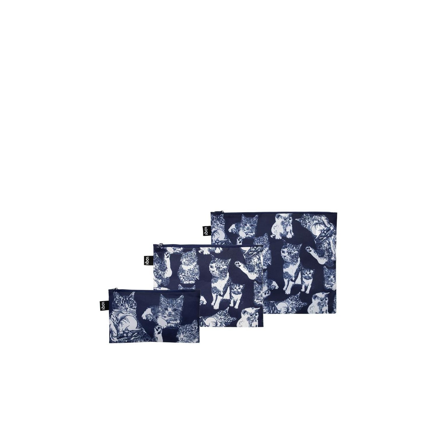 Zestaw saszetek LOQI koty w trzech rozmiarach z nadrukiem białych i niebieskich kotów