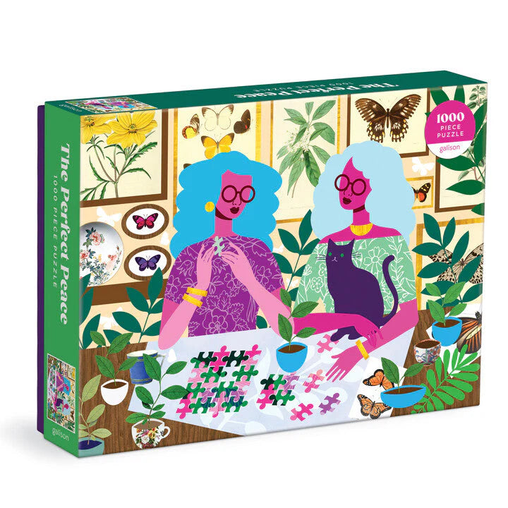 Puzzle 1000 elementów dla dorosłych z kolorową ilustracją dwóch kobiet układających puzzle z motywem roślinnym i motyli