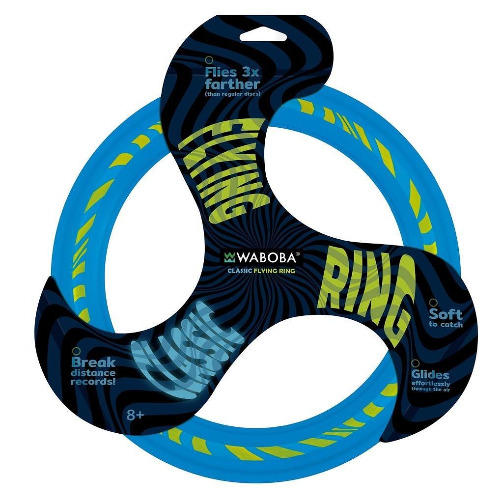 Latający dysk Waboba Bigwing w kolorze niebieskim z żółtymi i czarnymi wzorami do zabawy na świeżym powietrzu