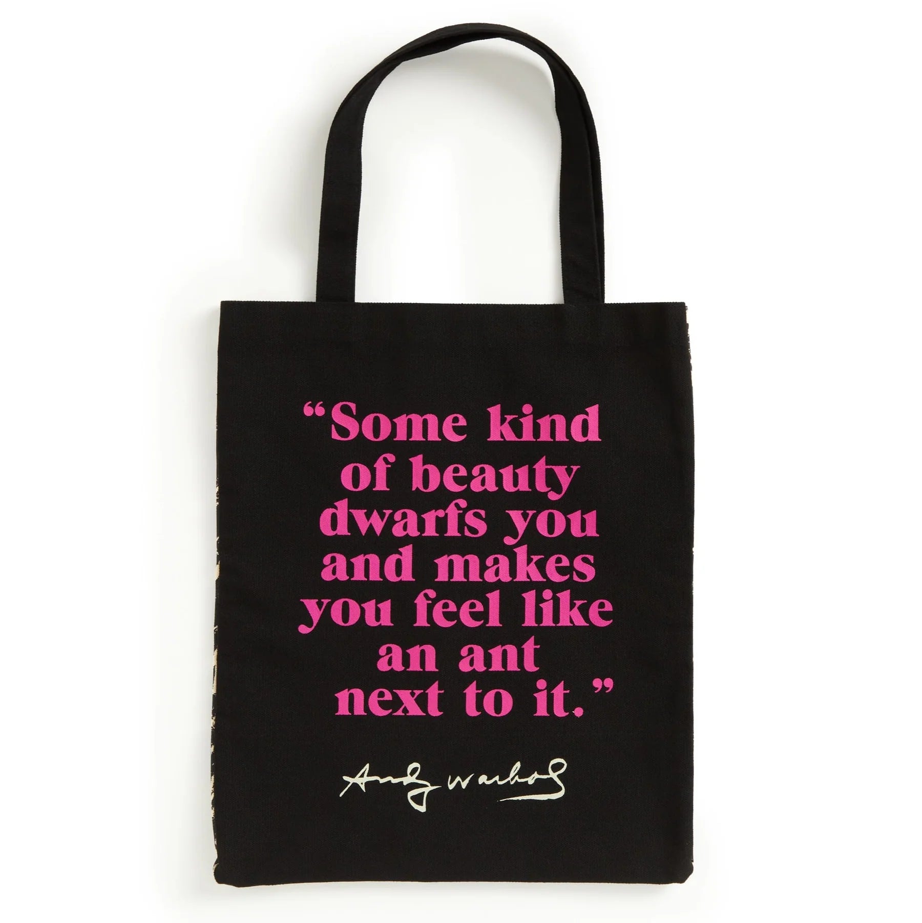 Czarna torba bawełniana Andy Warhol z różowym napisem i podpisem artysty
