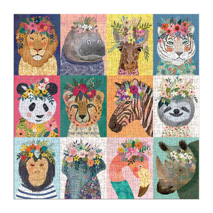 Puzzle Galison 500 elementów z kolorowymi zwierzętami w kwiatowych koronach na jasnym tle
