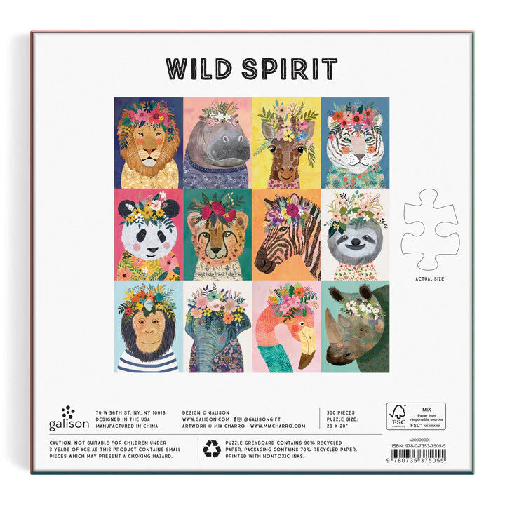 Puzzle Galison 500 elementów z kolorowymi zwierzętami ozdobionymi kwiatami w stylu Wild Spirit