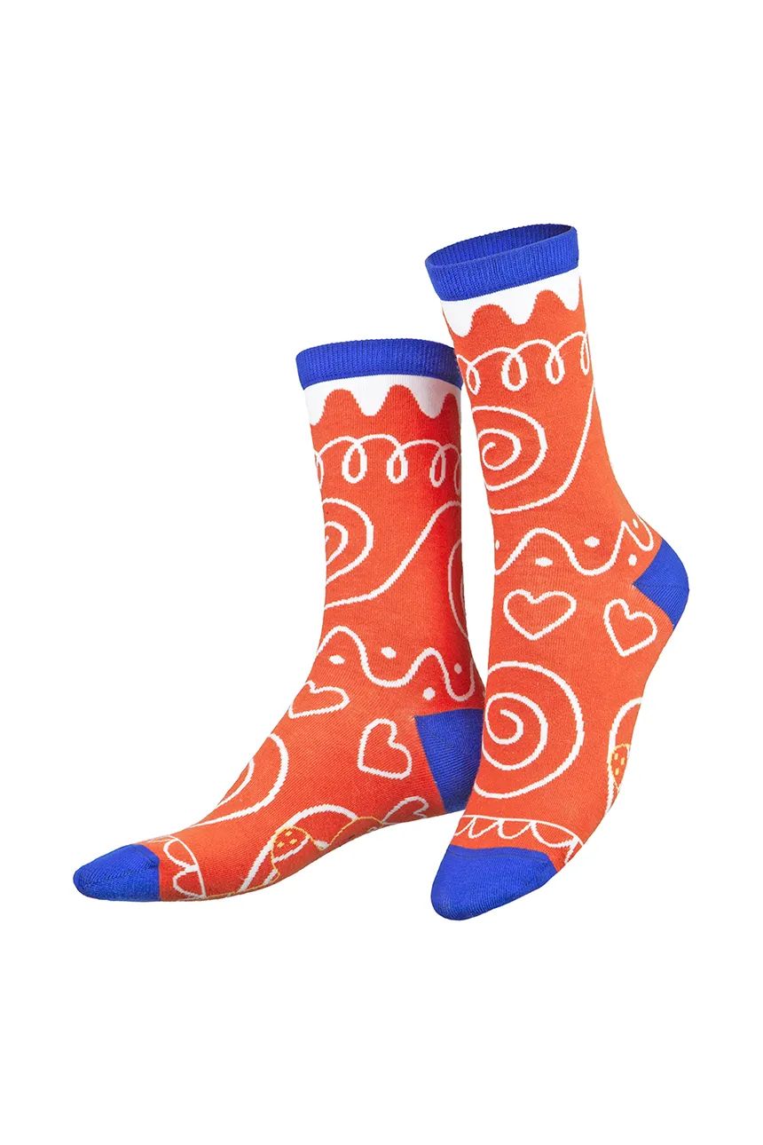 Skarpetki świąteczne ciasteczko EMS w kolorze pomarańczowym z niebieskimi dodatkami i białym wzorem świątecznym