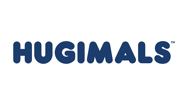 Logo marki przytulanki Hugimals w prostym niebieskim kolorze na białym tle