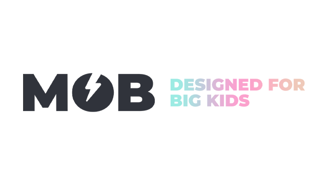 Logo MOB z napisem designed for big kids na czarnym tle jako zabawki kreatywne dla dzieci