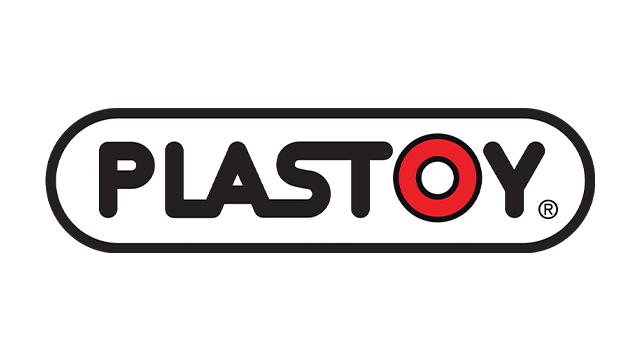 Logo Plastoy na czarnym tle reprezentujące markę figurek Plastoy