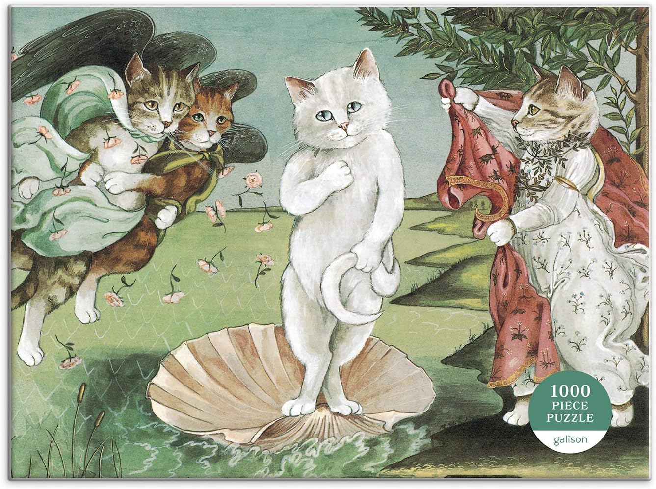 puzzle Galison Birth of Venus 1000 elementów z ilustracją kotów na muszli i w bajkowym otoczeniu