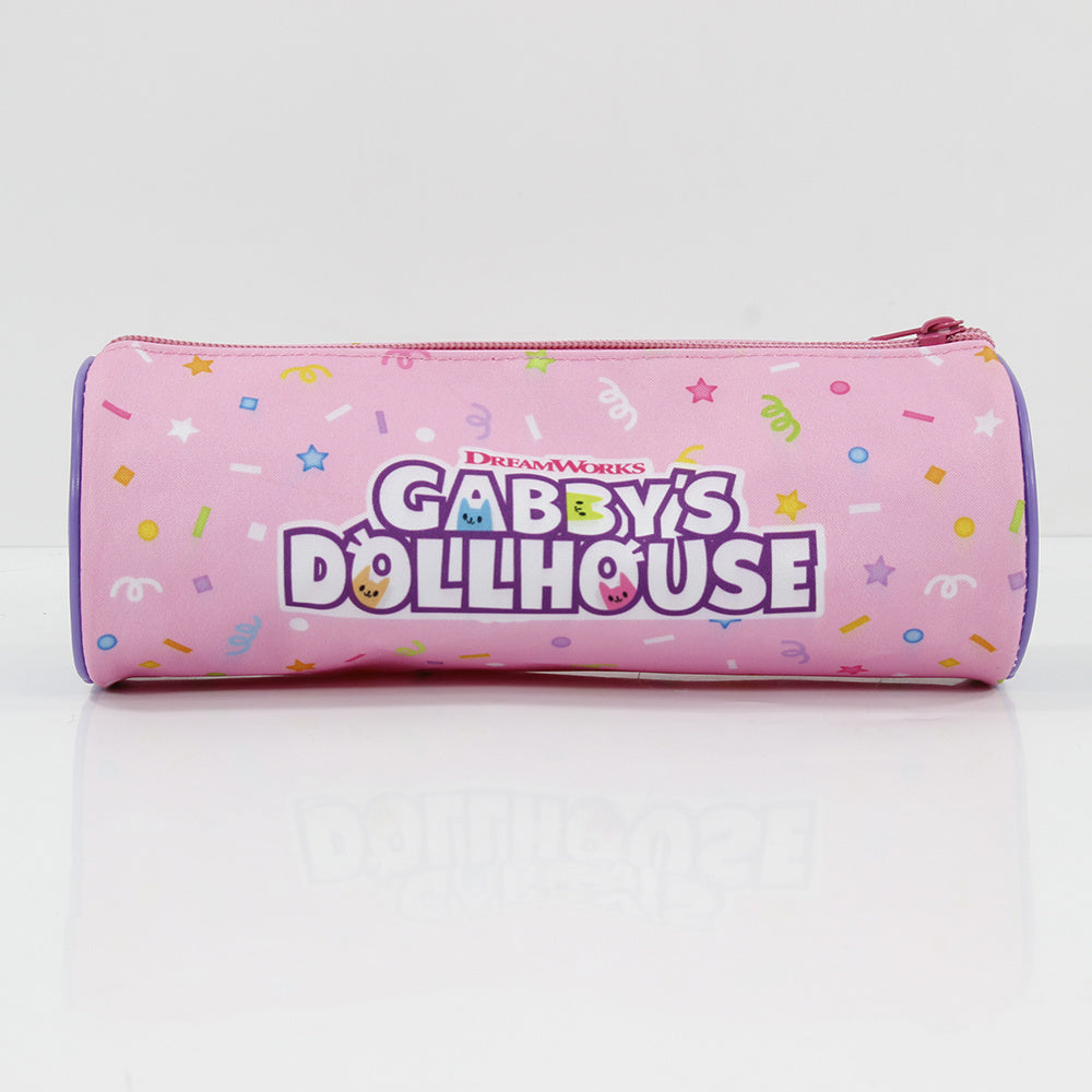 Różowy piórnik tuba Koci Domek Gabi z kolorowymi wzorami i napisem Gabby's Dollhouse