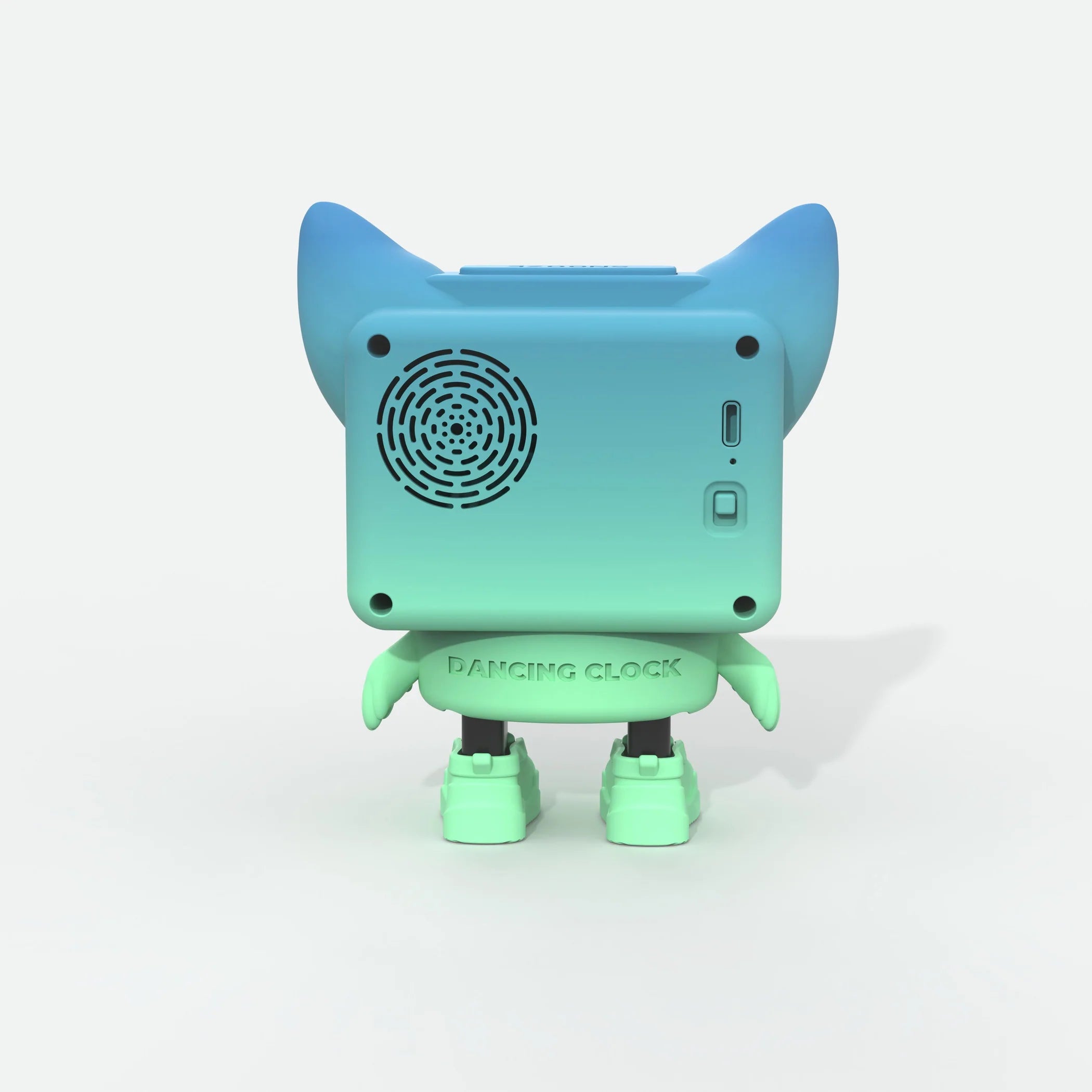 Tył tańczącego budzika dla dzieci MOB w kształcie postaci z kolorem niebiesko-zielonym