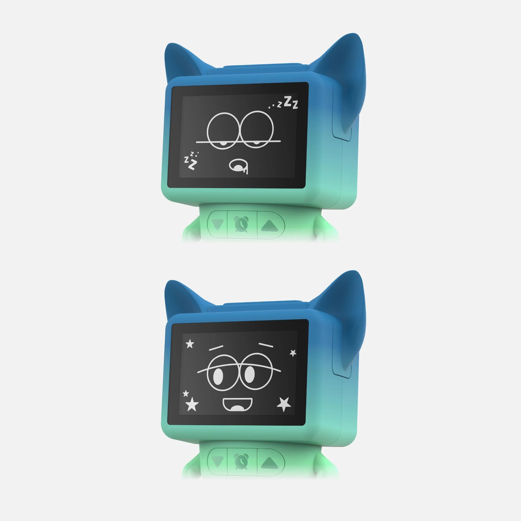MOB tańczący budzik dla dzieci z niebieskimi uszami i animowanym wyświetlaczem twarzy