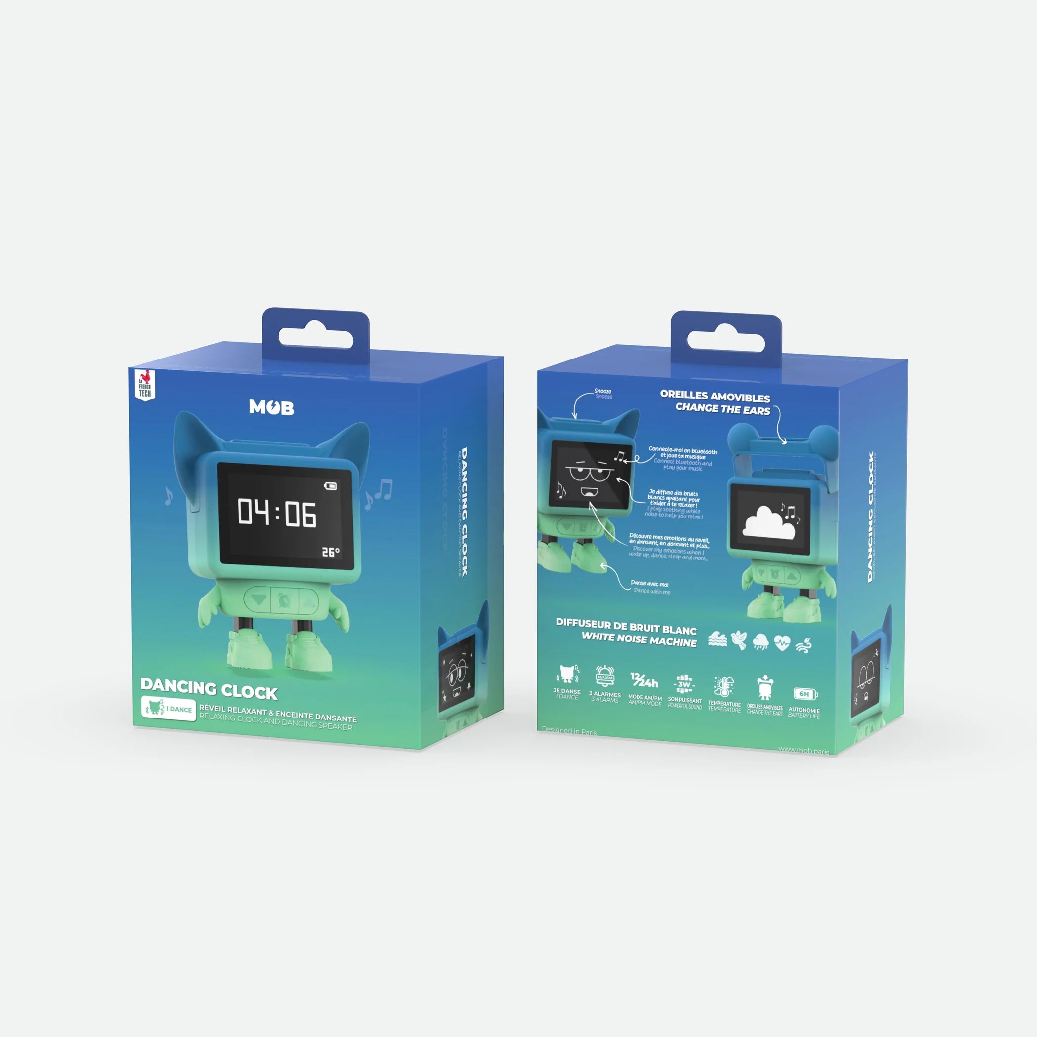 Tańczący budzik dla dzieci MOB w formie kolorowego robota z wyświetlaczem cyfrowym i ruchomymi uszami