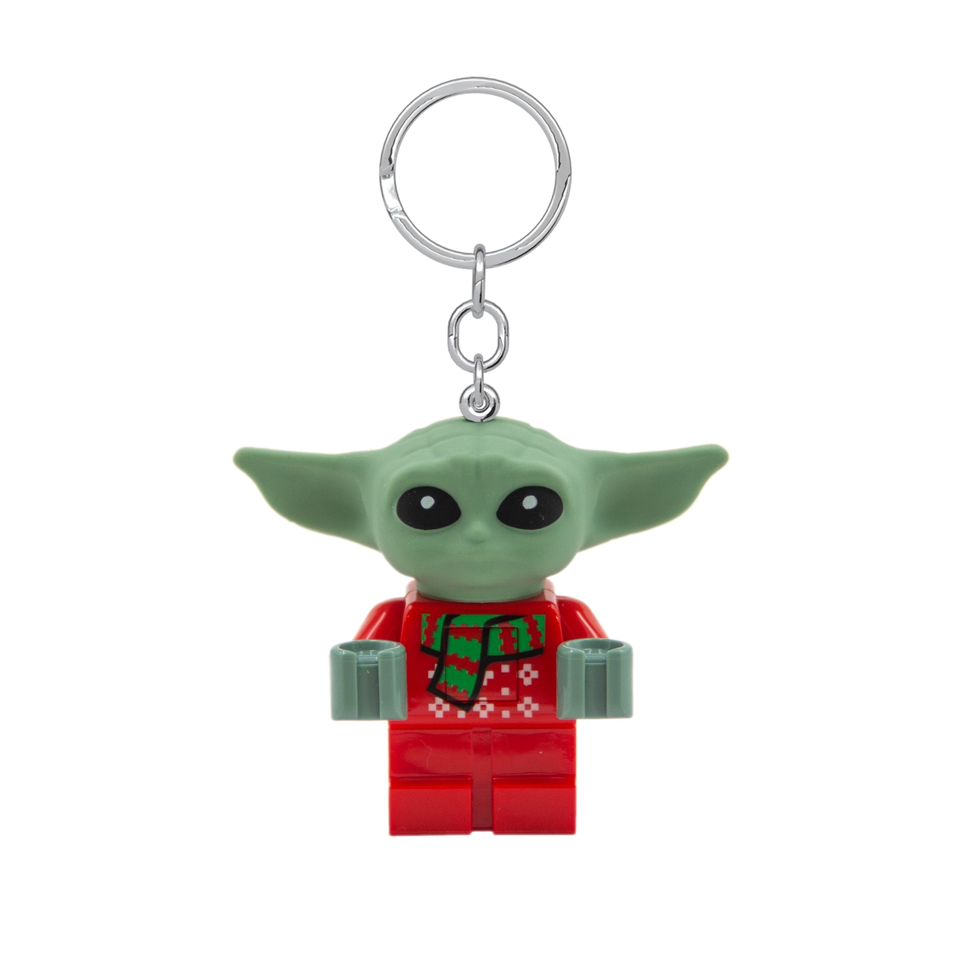 brelok LEGO Star Wars Grogu w czerwonym sweterku świątecznym z zielonym szalikiem