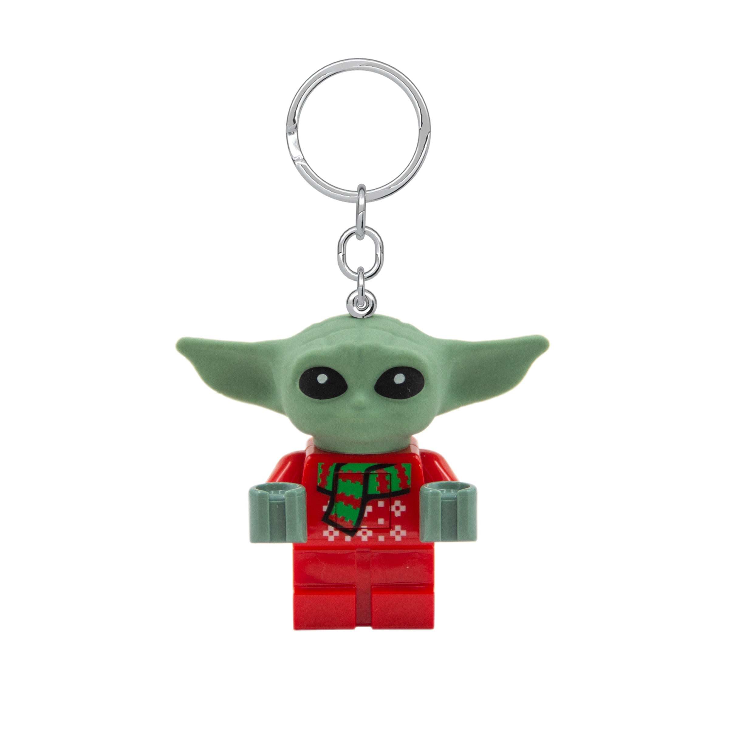 brelok LEGO Star Wars Grogu w czerwonym sweterku świątecznym z zielonym szalikiem
