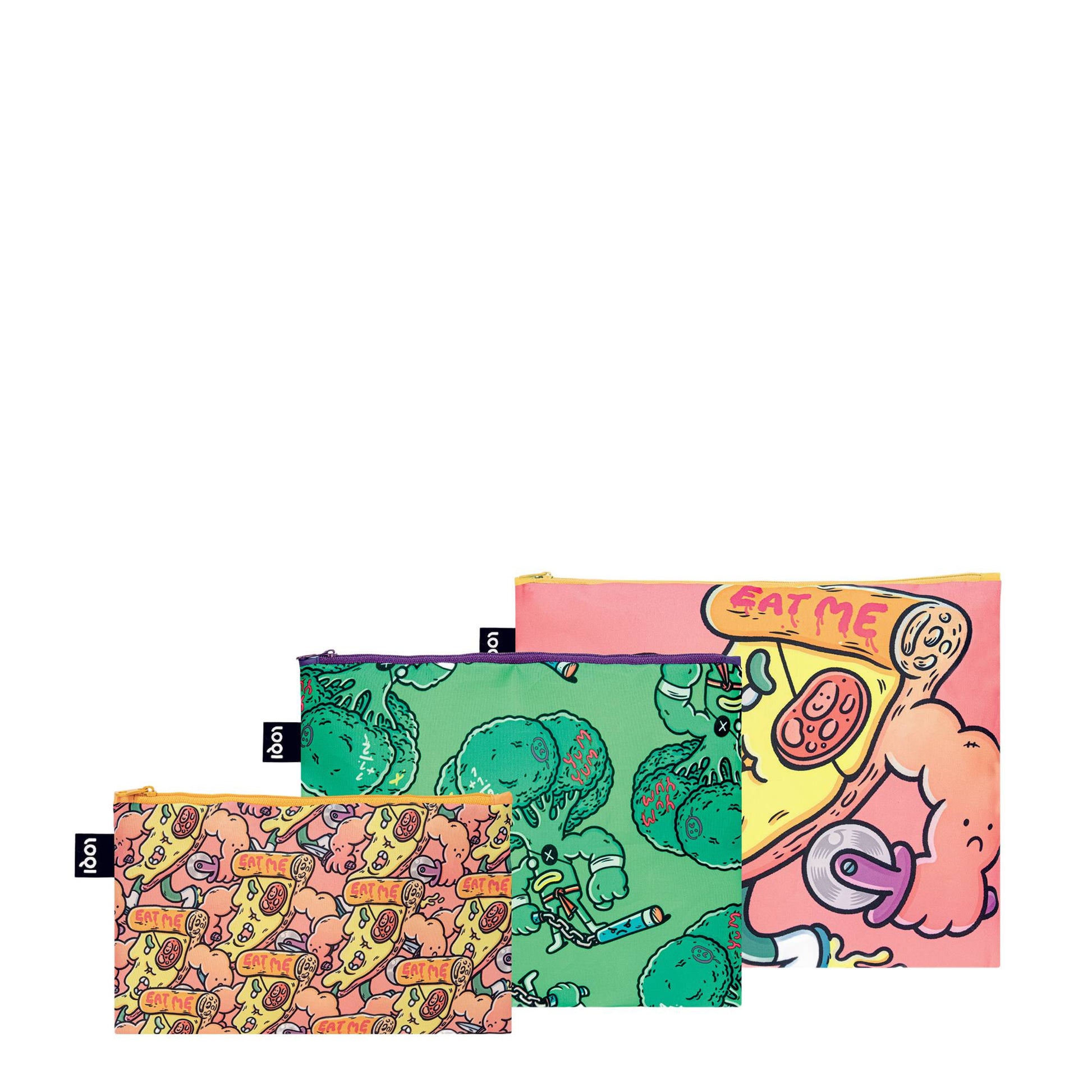 Kolorowy zestaw saszetek LOQI Brosmind z różnymi ilustracjami pizzy i postaciami w trzech rozmiarach