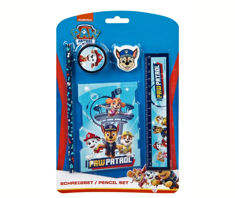 Set di cancelleria Paw Patrol con matita, righello, gomme e temperamatite