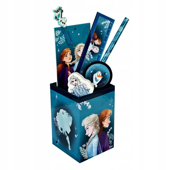 The container with school supplies Frozen featuring characters Elsa and Anna and school accessories.