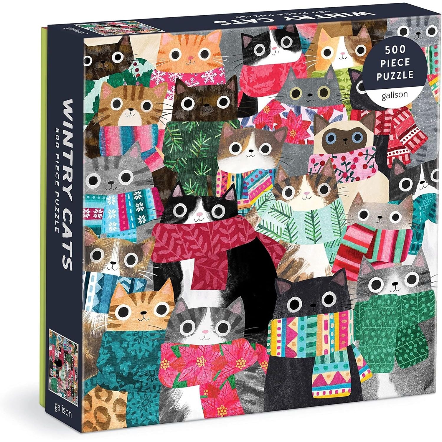 Puzzle koty 500 elementów Galison z kolorowymi kotami w szalikach na zimowy motyw