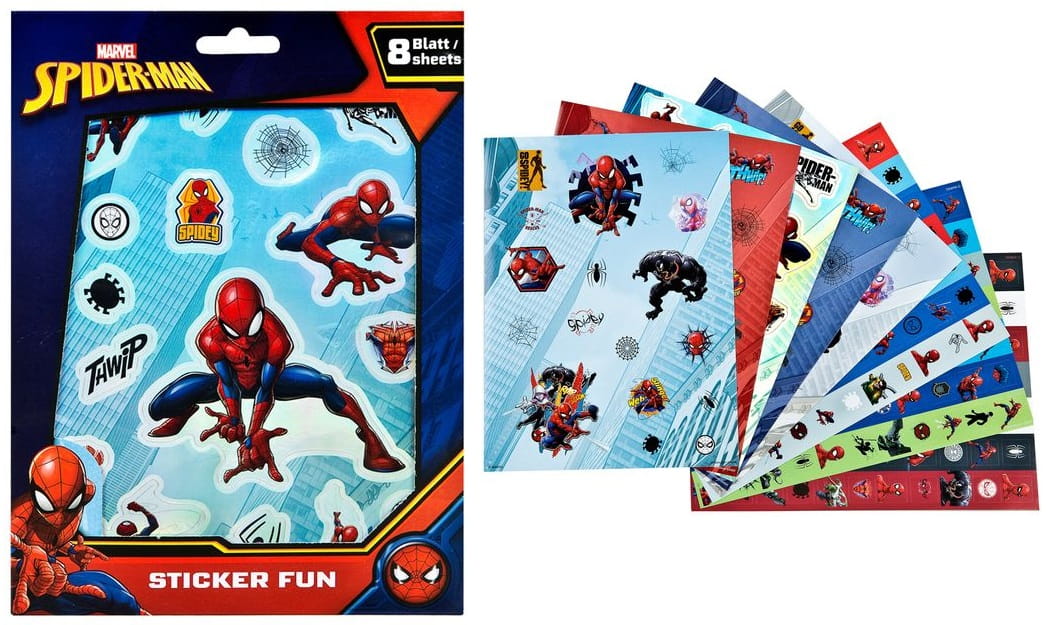 Metallische Spider-Man-Aufkleber von LOQI mit 8 Bögen in verschiedenen Superhelden-Mustern