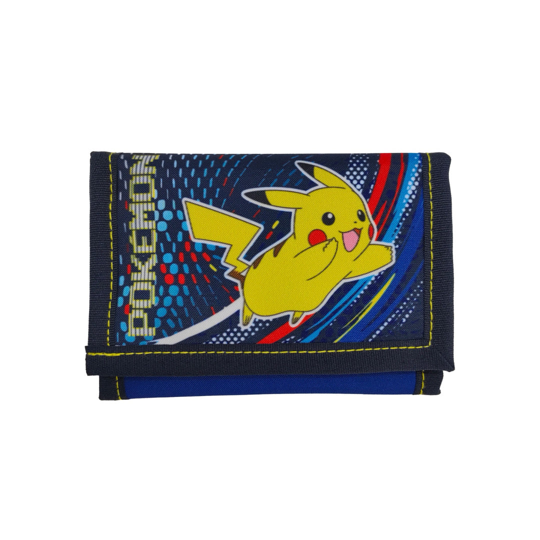 Niebieski portfel Pokémon z wizerunkiem Pikachu i kolorowymi wzorami na materiale