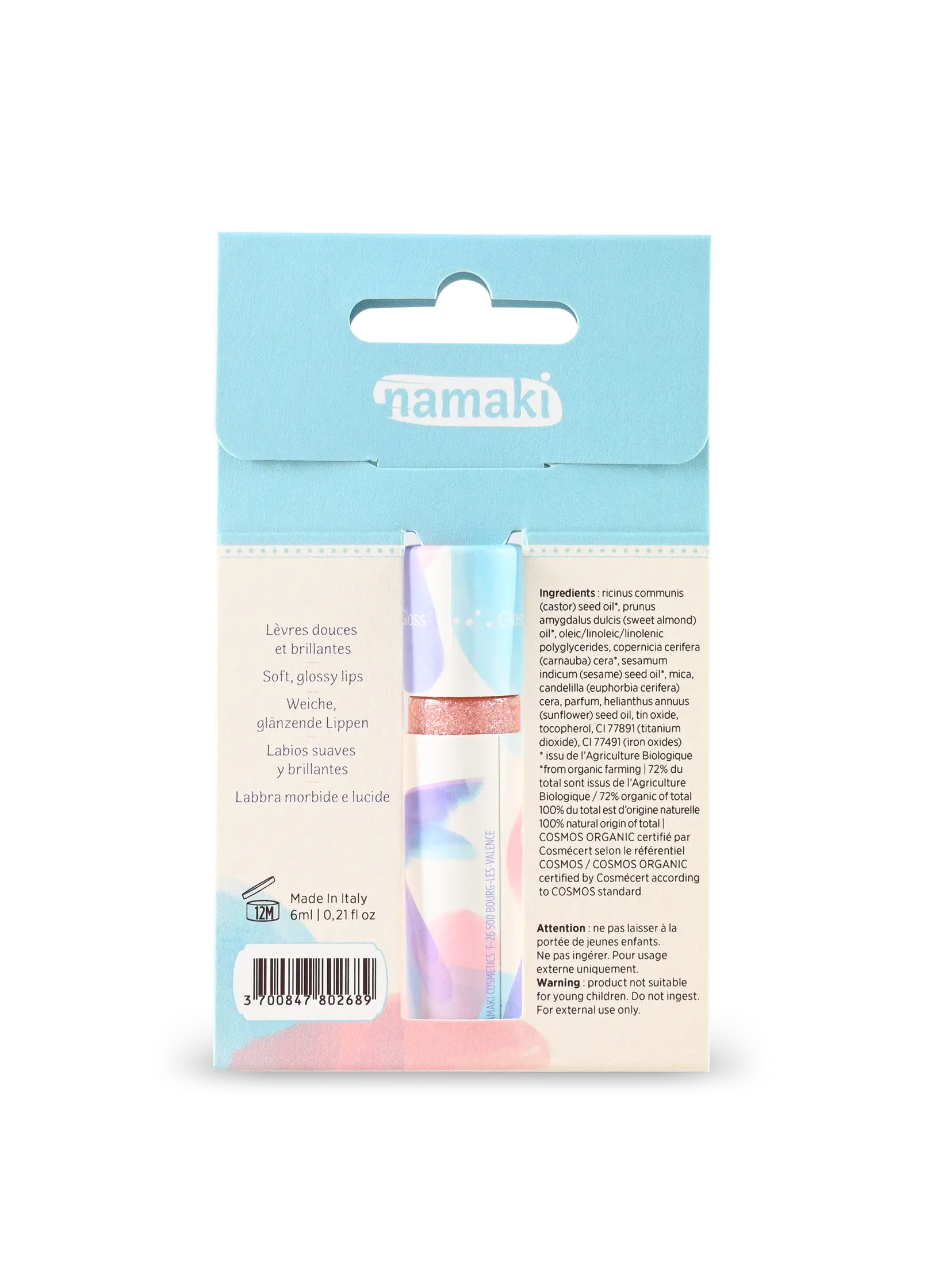 Błyszczyk dla dzieci brokatowy Yamann w pastelowym opakowaniu z holograficznym wzorem