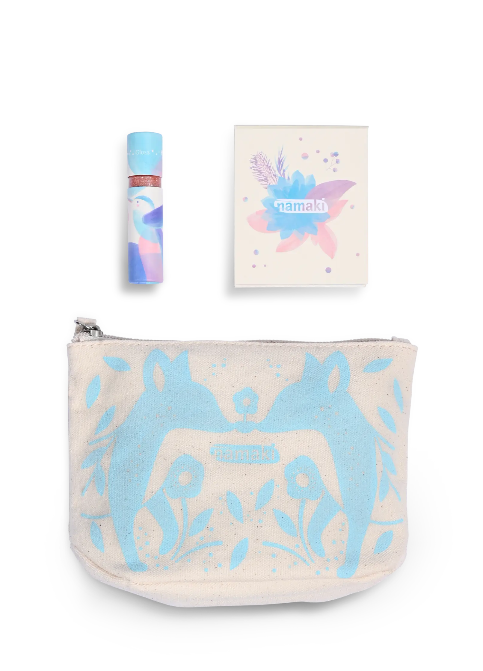 Yamann kosmetyczka dla dzieci z cieniami i pomadką w pastelowych kolorach z nadrukiem niebieskich zwierząt