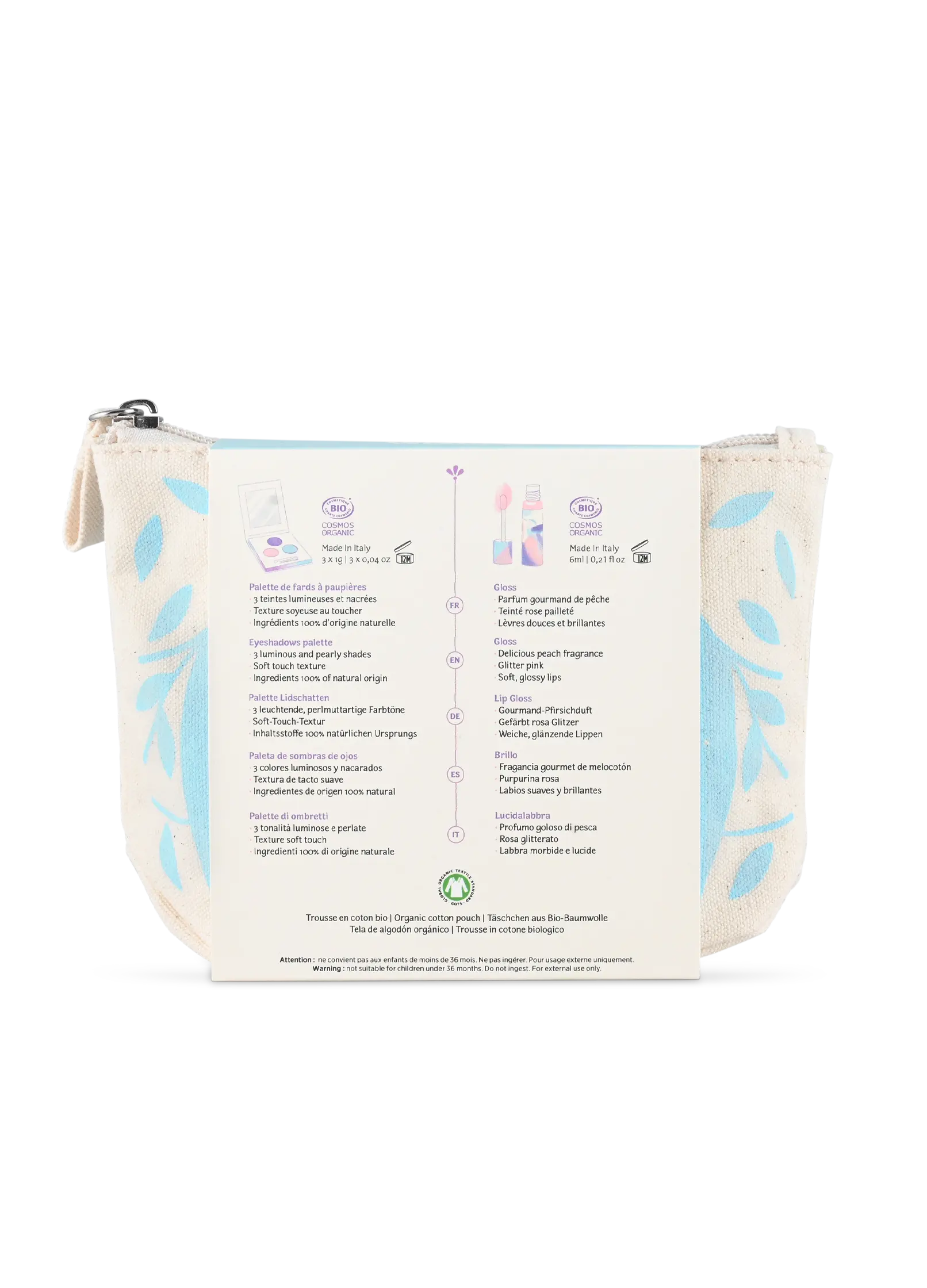 Kosmetyczka dla dzieci z cieniami marki Yamann z jasnym wzorem liści na białym tle