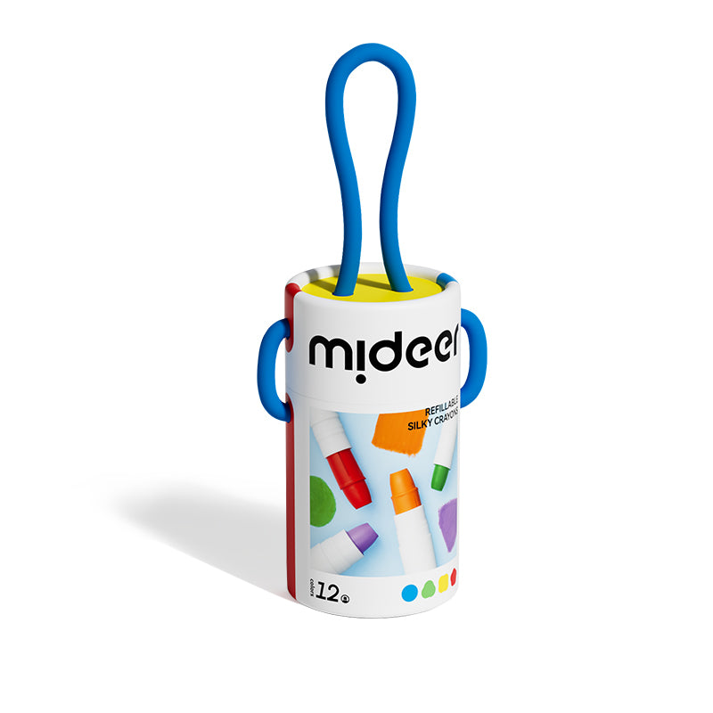 Cubeta de lápices suaves y lavables silky crayons mideer – 12 colores
