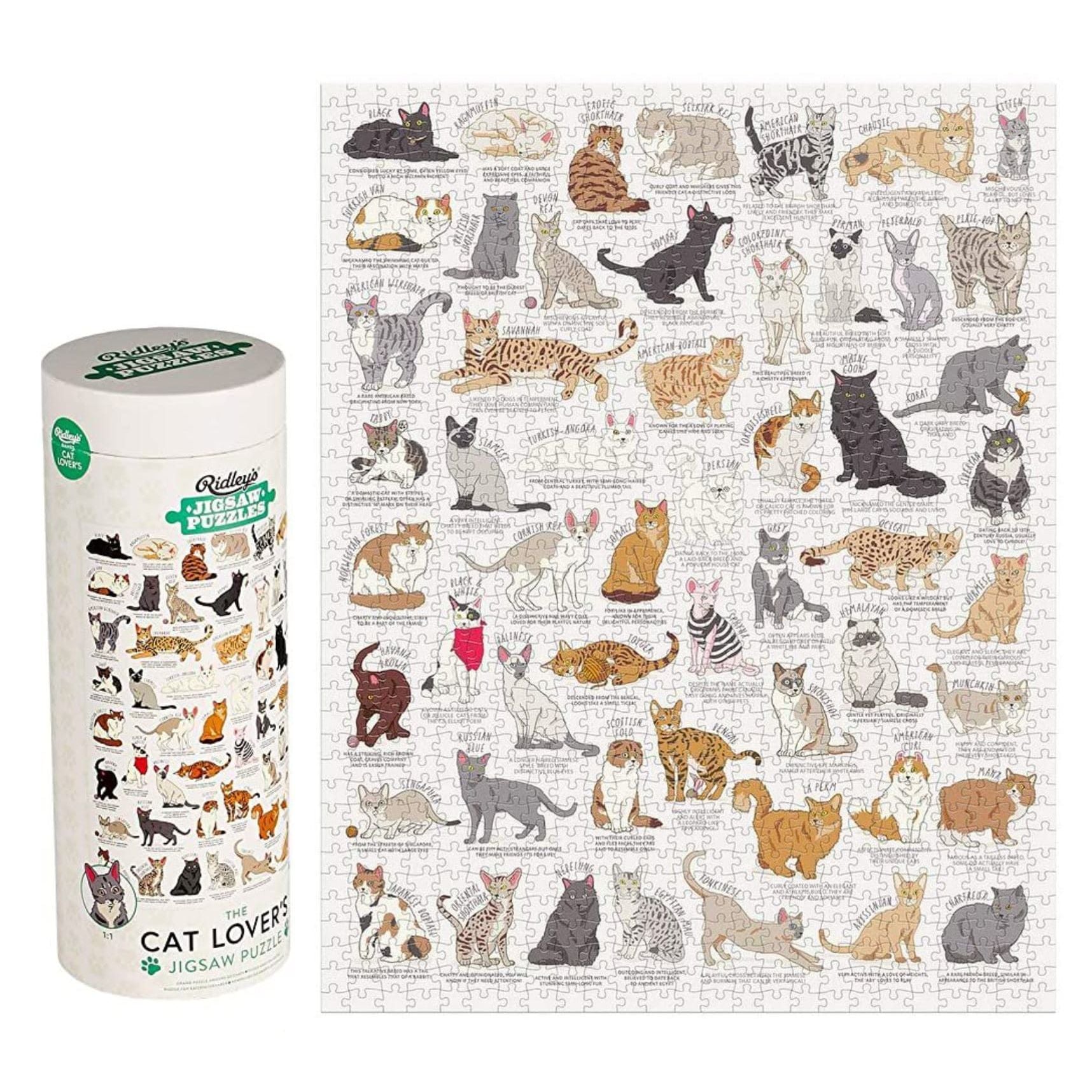 Puzzle koty 1000 elementów marki Galison z ilustracjami różnych ras kotów na jasnym tle