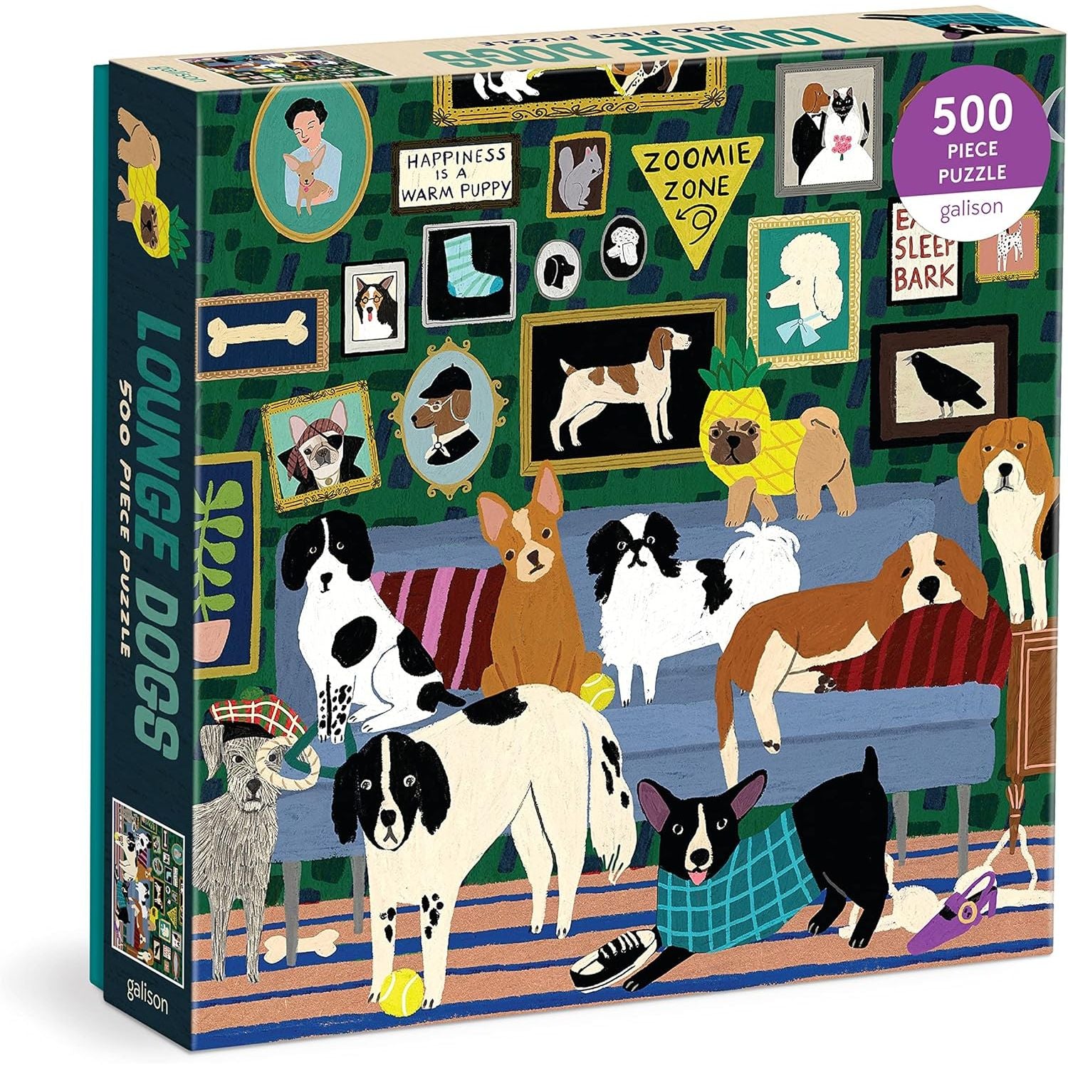 Puzzle z psami 500 elementów Galison z kolorowym obrazem różnych ras psów w salonie