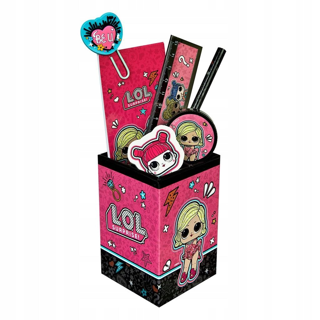 LOL Surprise desk organizer in pink color with characters and school supplies.