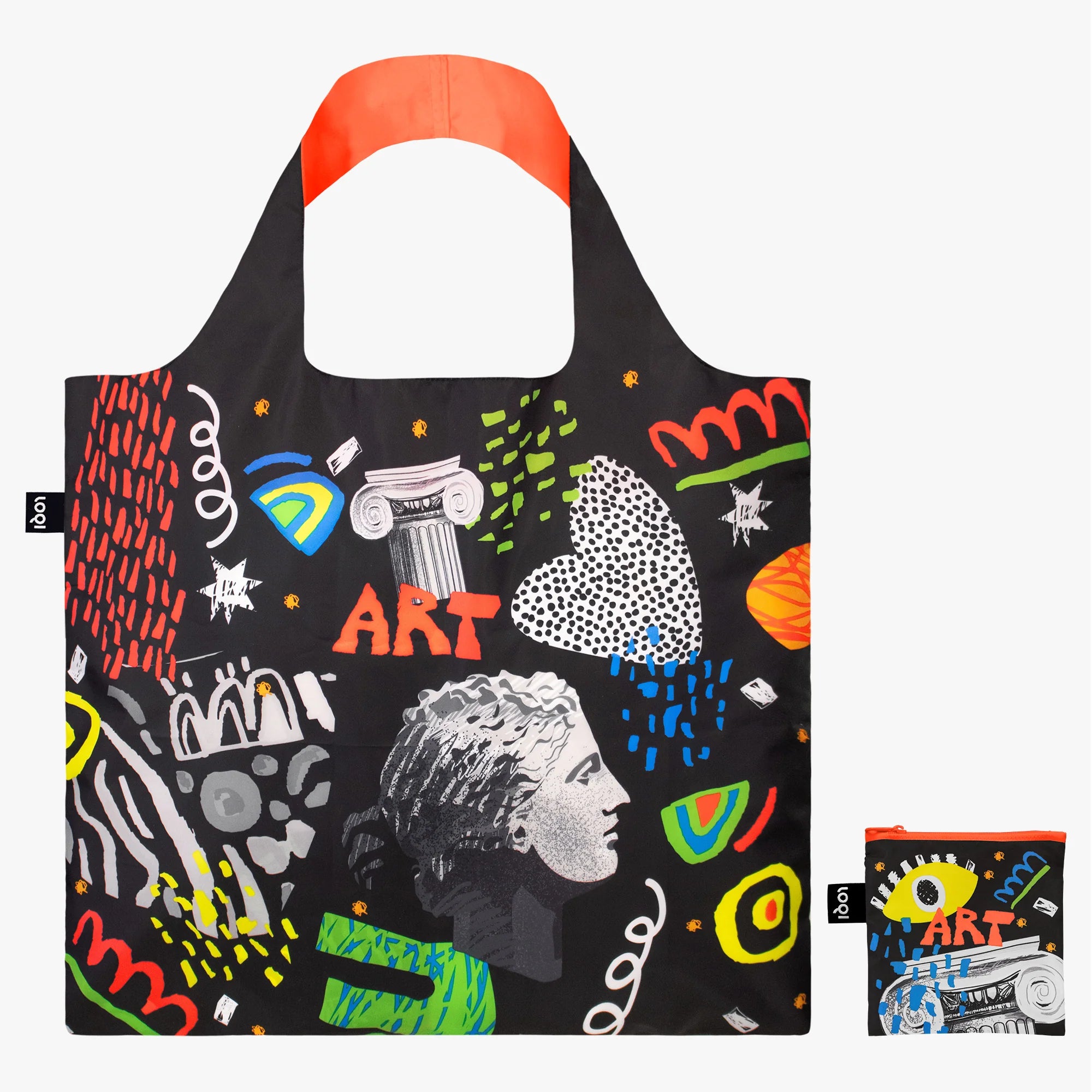 Torba LOQI Classic Art z kolorowym, artystycznym wzorem i motywem klasycznej rzeźby na czarnym tle