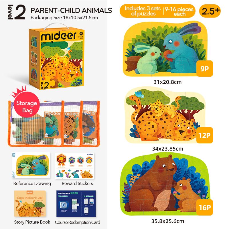 Puzzle edukacyjne dla dzieci z motywem zwierząt rodziców i młodych, 3 zestawy puzzli, 9-16 elementów