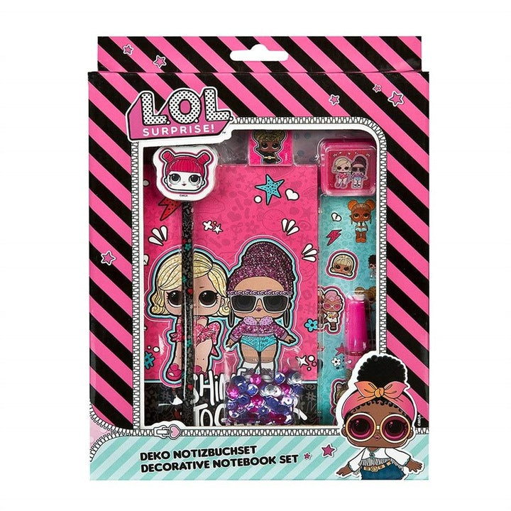 LOL Surprise creative set with a decorative notebook, colorful pens, and stickers