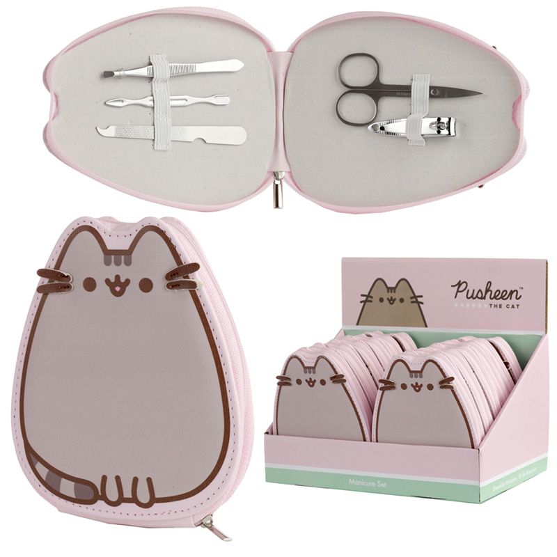 Zestaw do manicure kot pusheen w różowym etui z nożyczkami, cążkami i narzędziami do paznokci