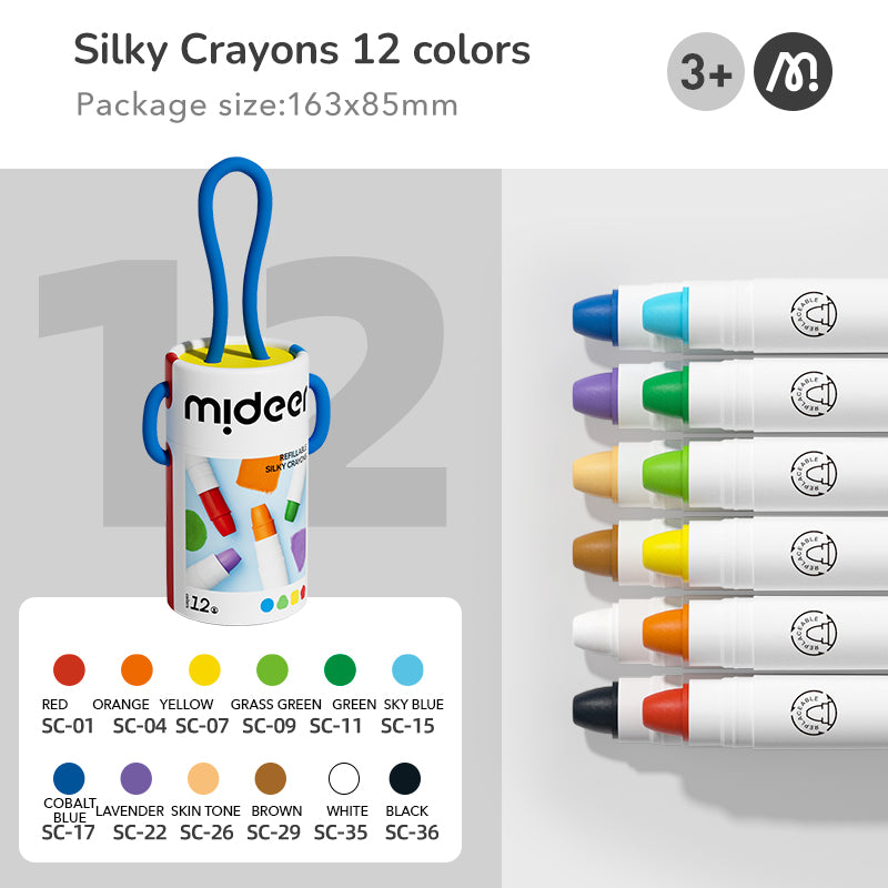 Eimer mit weichen, abwaschbaren Silky Crayons Mideer – 12 Farben