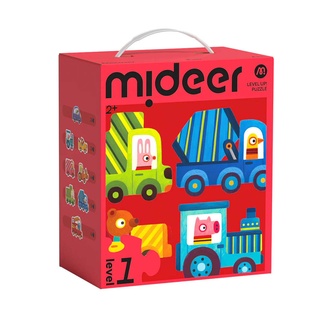 Puzzle dla dzieci transport zwierząt Mideer poziom 1 z kolorowymi pojazdami i zwierzętami na czerwonym tle
