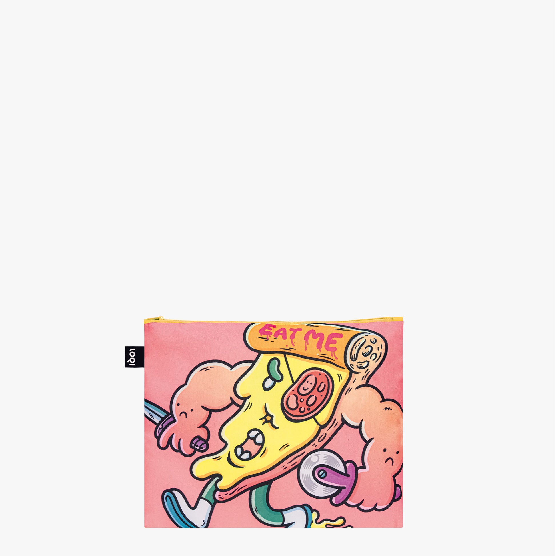 Zestaw saszetek LOQI Brosmind z różową saszetką ozdobioną rysunkiem pizzy z mięśniami