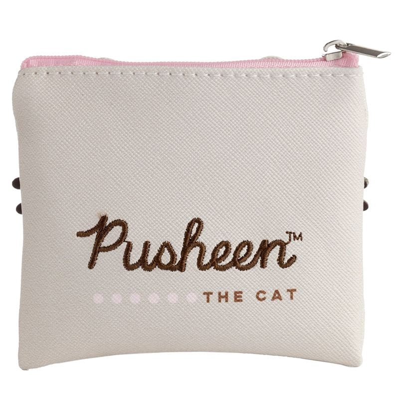 Beżowa portmonetka kot pusheen z różowym zamkiem i haftowanym napisem Pusheen the Cat