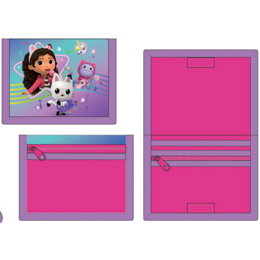 Różowy portfel Koci Domek Gabi z grafiką dziewczynki i białego kota, z zamkami i przegródkami